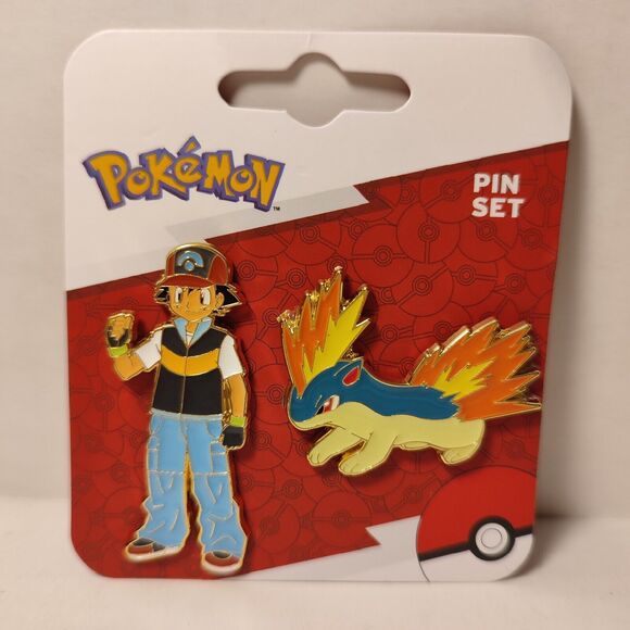 Pokemon Johto Quilava And Ash Ketchum Enamel Pins Set Official Collectibles - Picture 1 of 9